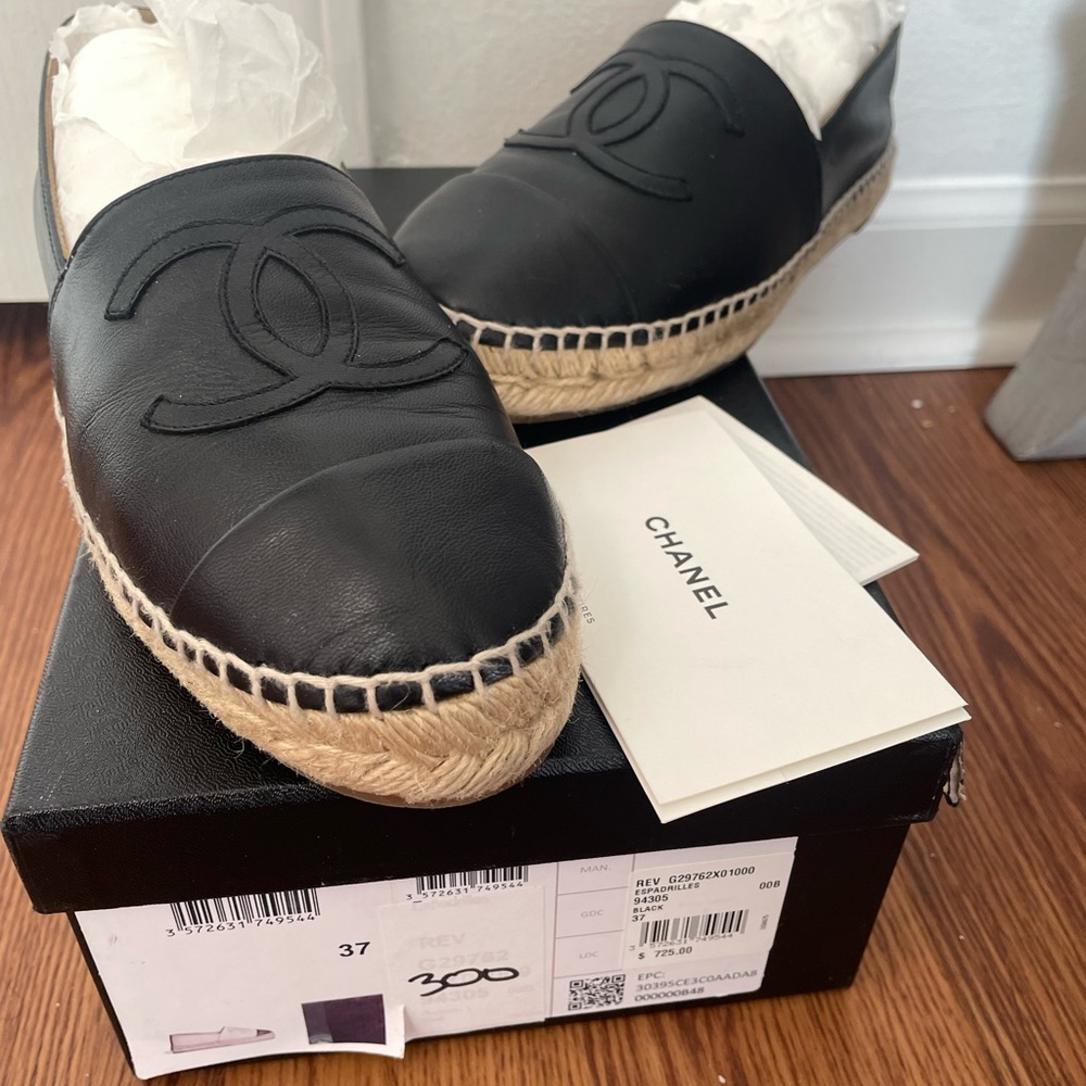 Chanel Black Leather Espadrilles with Iconic CC Logo